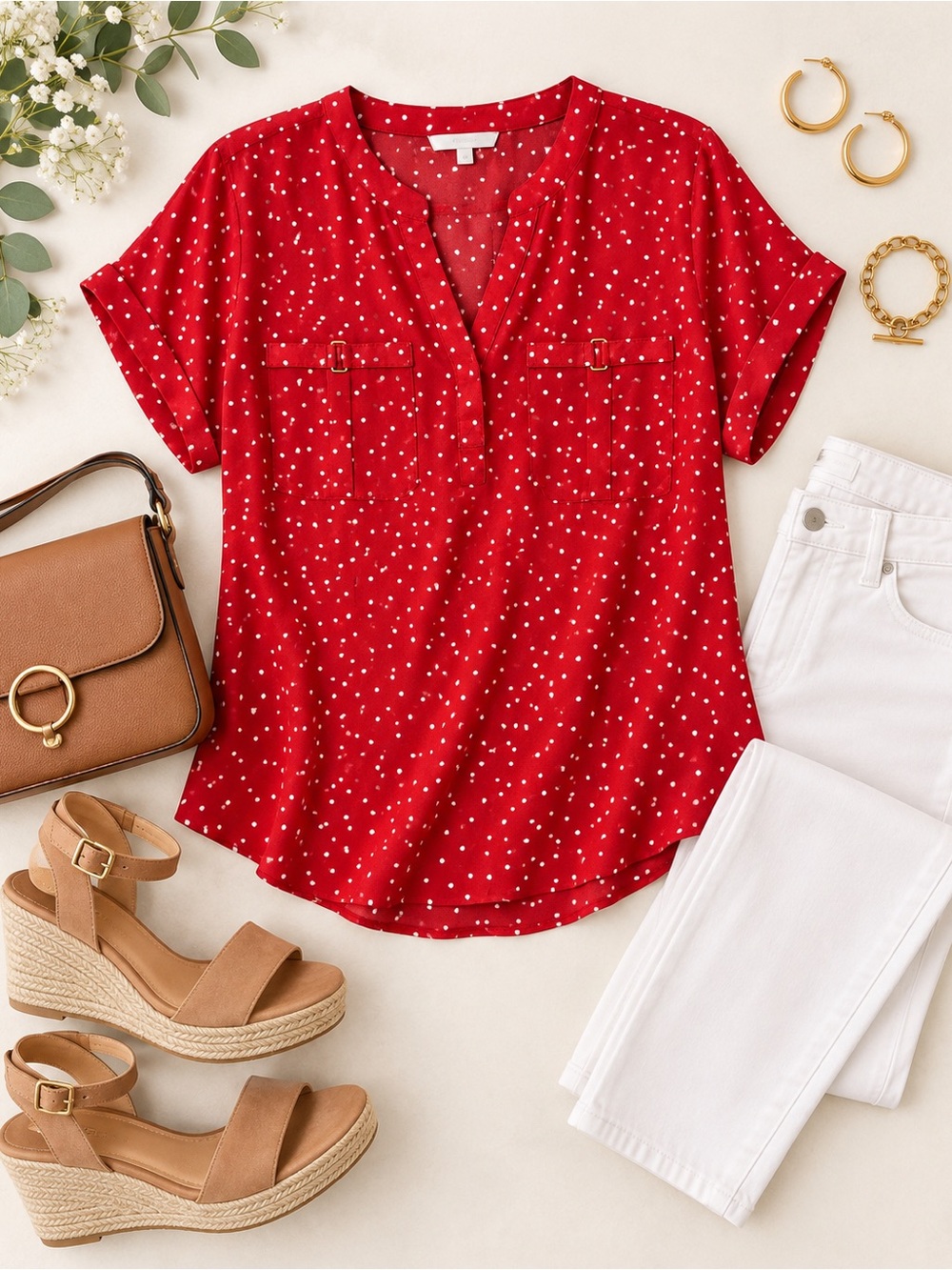 Maurices Red White Polka Dot Split V-Neck Utility Blouse